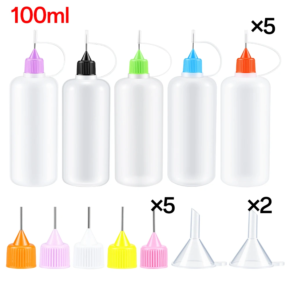 5 Stück 10ml-120ml Präzisions-Applikatorflaschen mit Nadelspitze, Quetschflaschen für Klebstoff mit 2 Mini-Trichtern für DIY-Malerei und Papierquilling