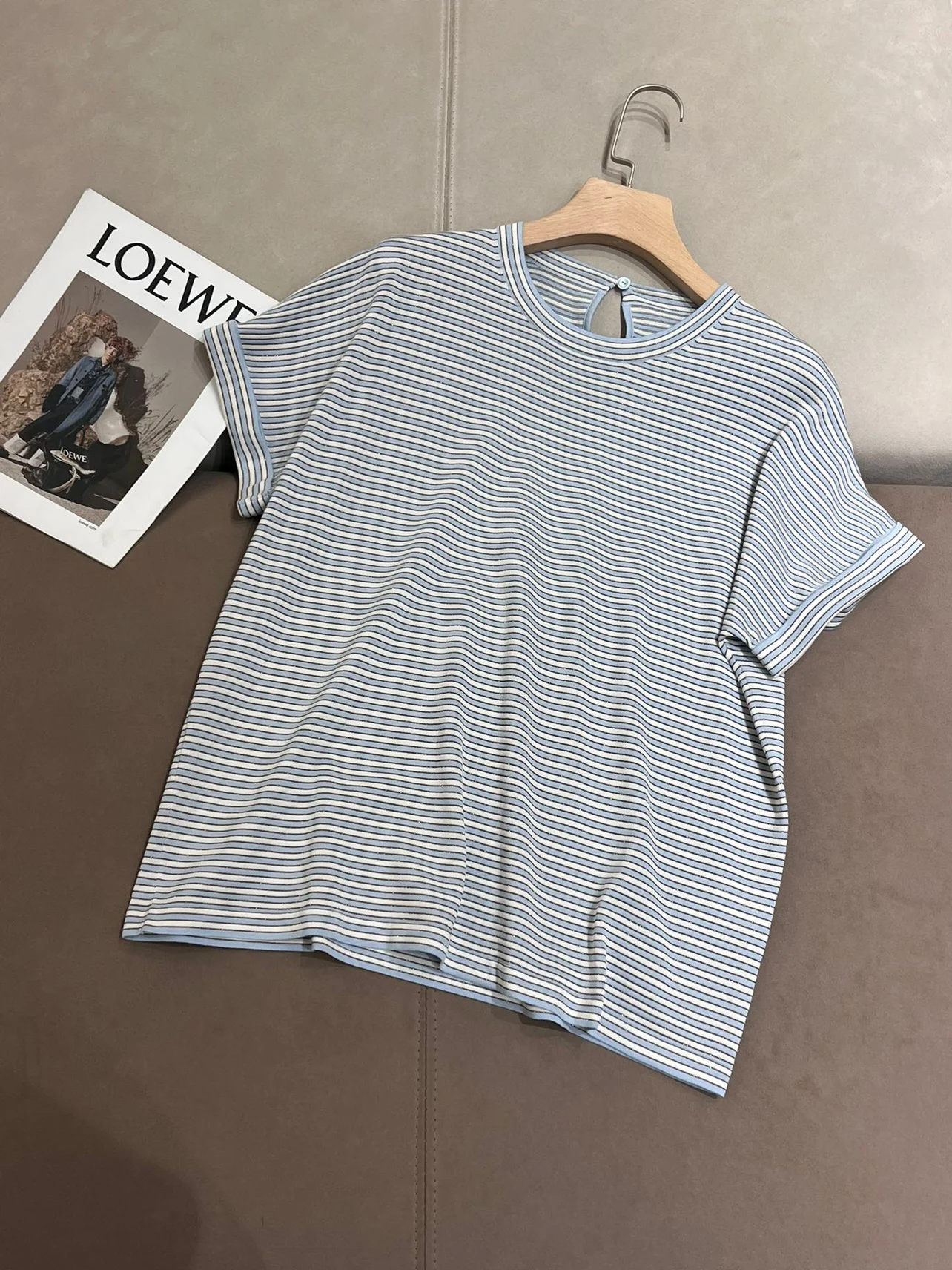 Classic striped silk cotton blend casual loose short sleeved T-shirt