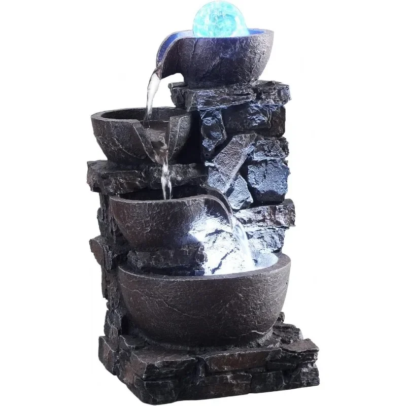 

Home Décor Tabletop Fountain Indoor Stone Four Bowls Natural River Rocks Decorated Colorful Lights Rolling Ball (23066)