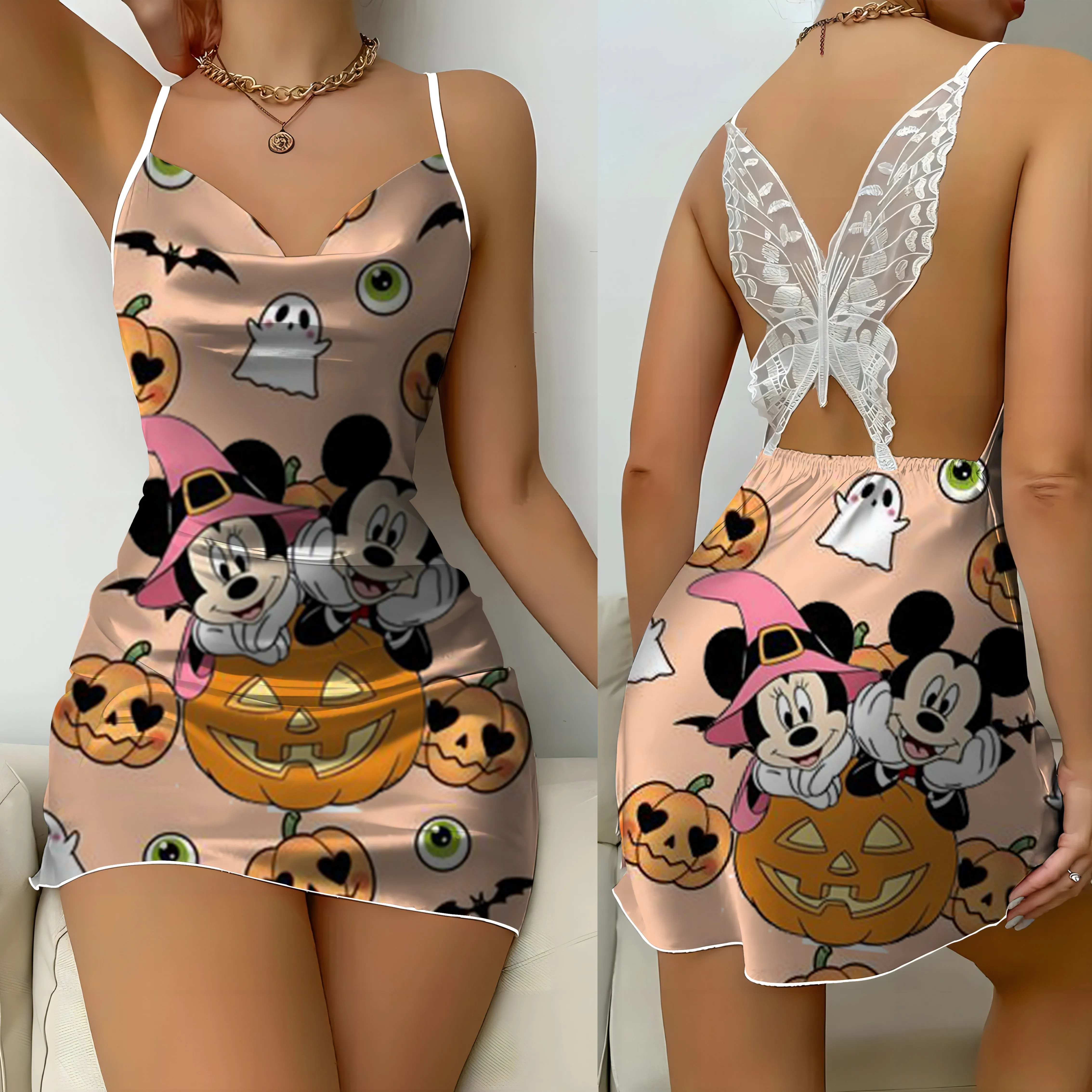 Party Kleider Satin Oberfläche rücken freies Kleid Disney Minnie Maus Stich Mickey Bogen Knoten Frauen Mini sexy Spitze Halloween Frau nach Hause