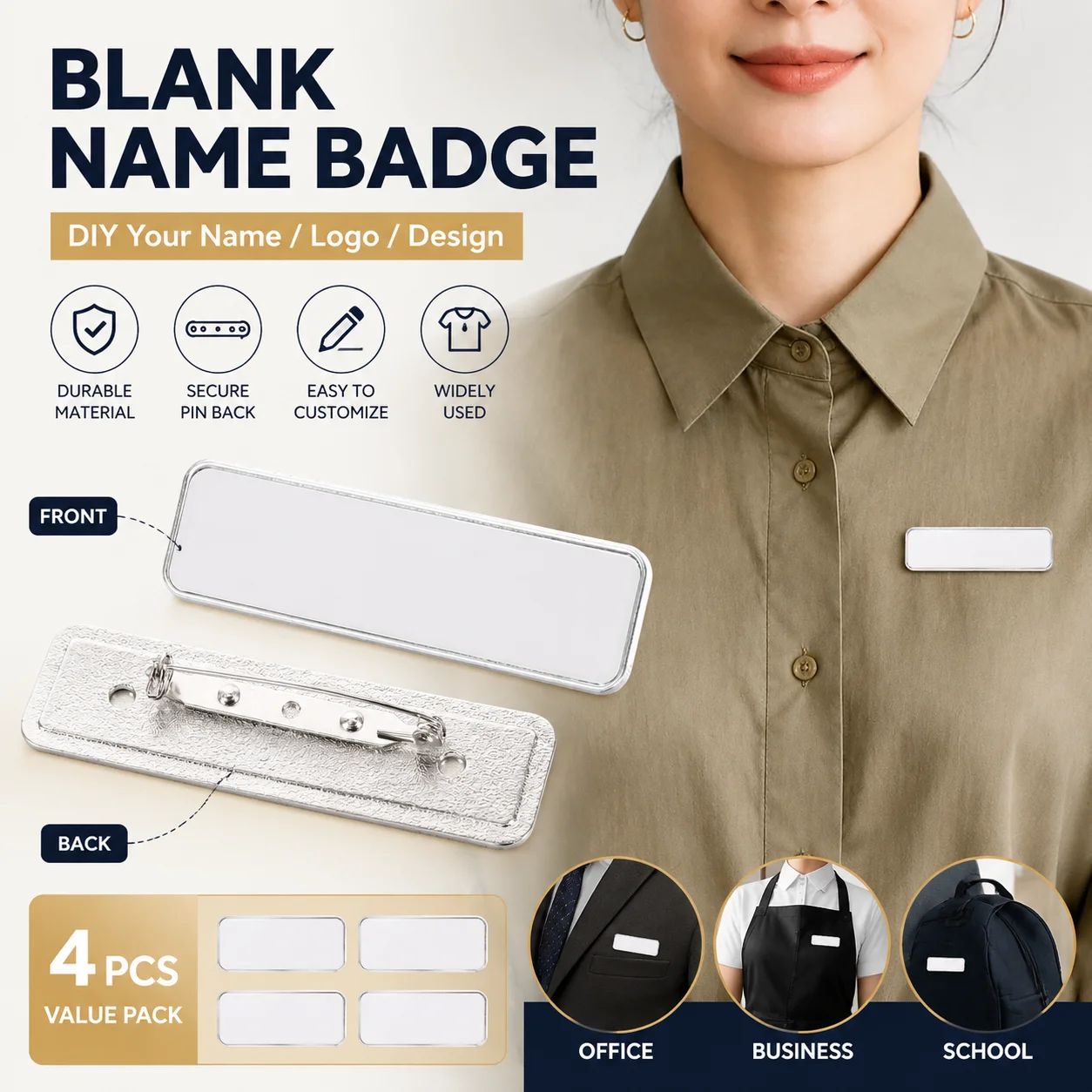 4PCS Blank Name Tag Badge with Pin Metal ID Badge Holder Sublimation Plate Employee Name Plate Custom Staff Identification