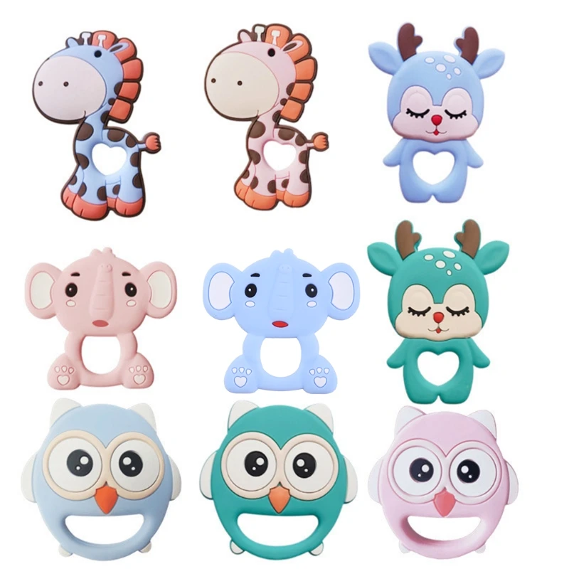 

Y1UB Cartoon Owl Elk Giraffe Elephant Silicone Beads Baby Pain Relief Teething Toy