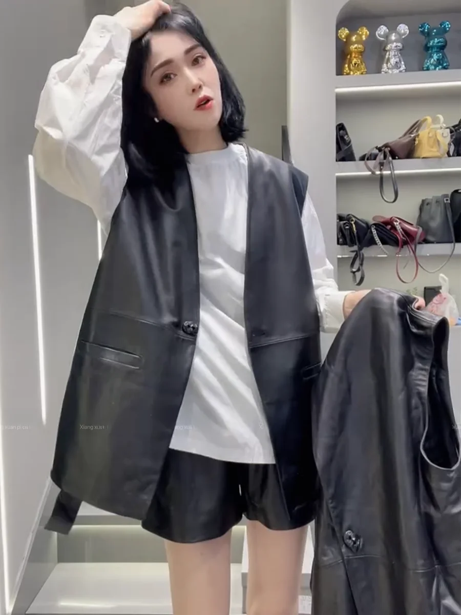 

Fall New V-Neck Genuine Leather Jacket Women Loose Mid-Length Sheepskin Simple Sleeveless Split Outerwear Commute Style