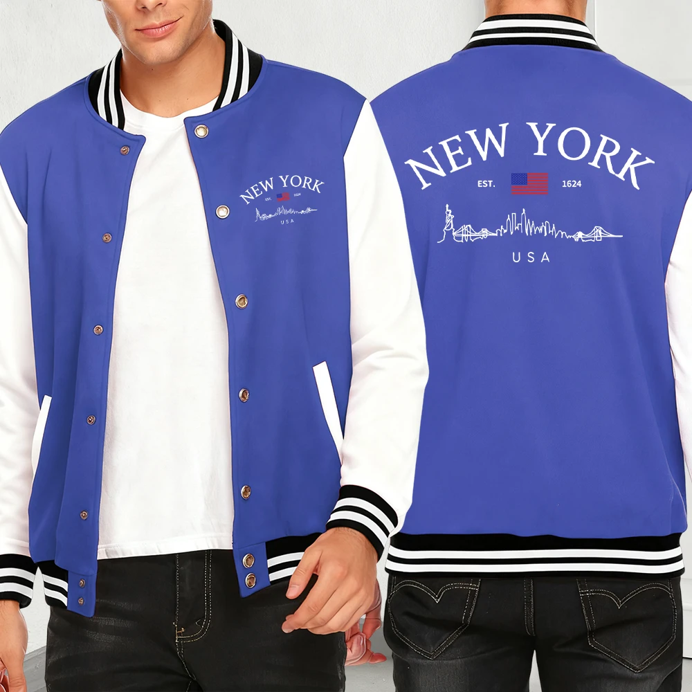 

Нью-Йорк, США, простой принт, осенняя мужская одежда, модная уличная одежда, флисовый бейсбольный трикотаж для творчества, повседневные свободные куртки унисекс