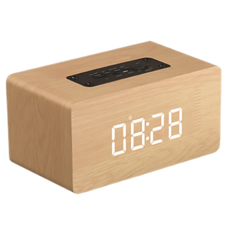 Wooden Bluetooth Speaker Alarm Clock Hifi Surround Sound Multifunctional Double Horn