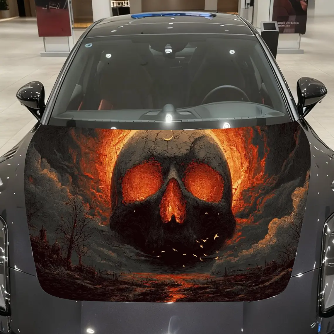 

Orange-Flame Skull Car Vinyl Wrap, PVC Material Waterproof Car Hood Sticker, Self-Adhesive Scratch-Resistant Stickers for Engine