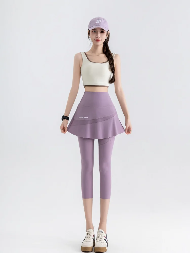 Calças de Yoga de Cintura Alta com Efeito de Duas Peças para Mulheres, Saia para Uso ao Ar Livre na Primavera e Outono, Calça...