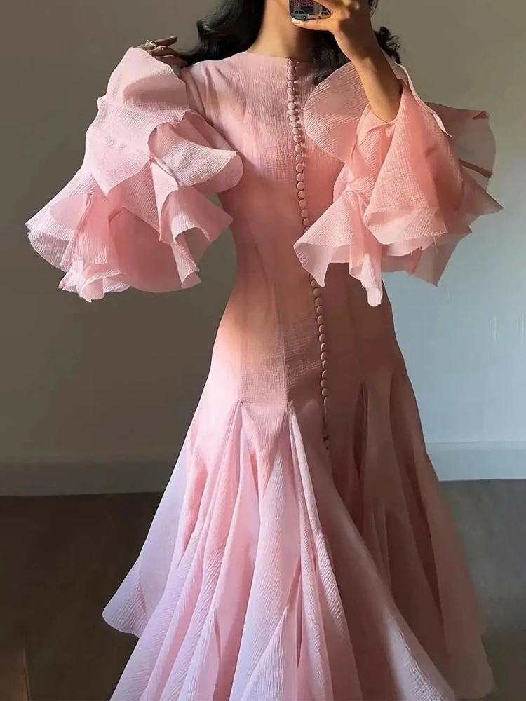 

2025 French Elegance Round Neck Midi Dress Flounce Hem Bell Sleeve Vintage Dresses Office Commute Wedding Guest Dress for Women