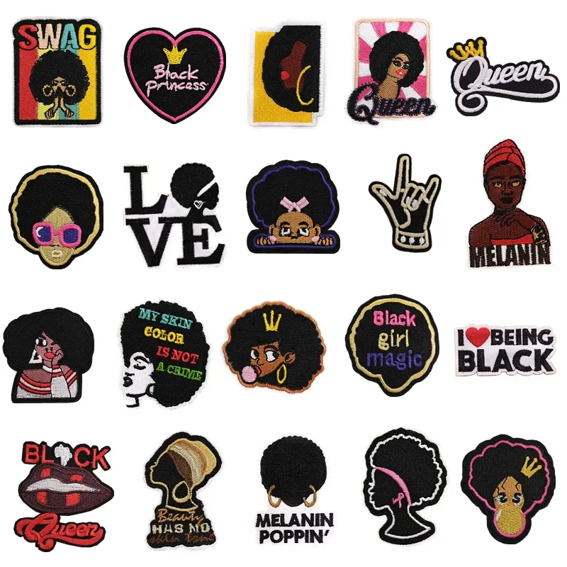 Cute Black Girl Embroidery Patches for Clothing Skin Color Melanin Badge Cartoon Queen Iron on Appliques Thermo Adhesive Backing