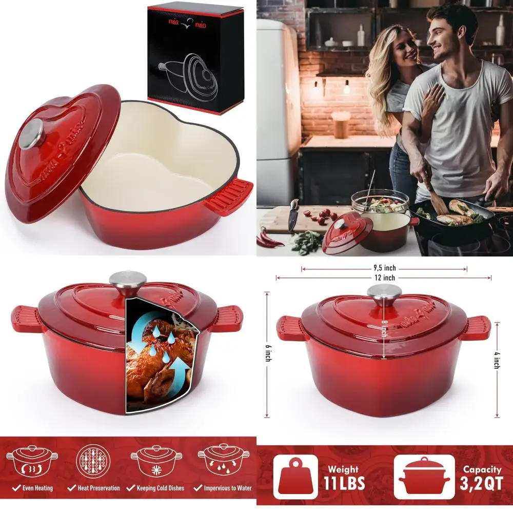 

Non-Stick Heart Shaped Cast Iron Dutch Oven, 3.2 Quart, 10 Inch, Perfect Christmas Gift for All Cooking Enthusiasts