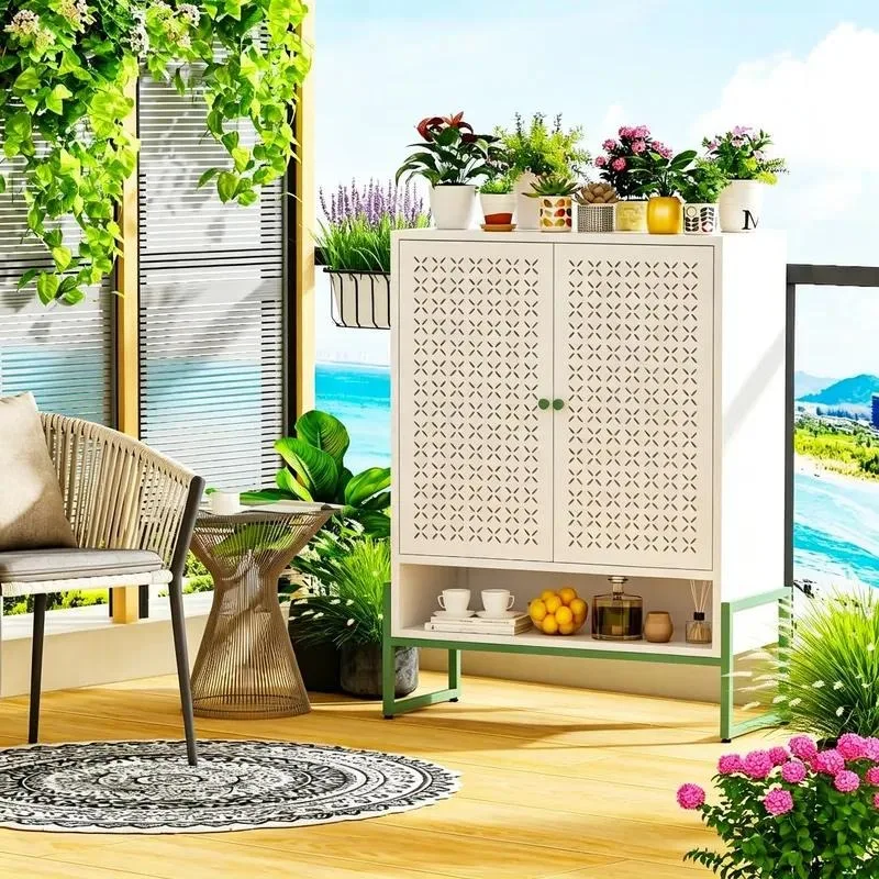 Outdoor Metal Garden Storage Cabinet Double Door Locker for Flower Pots Kettles Plant Care Tools Patio Terrace Organization