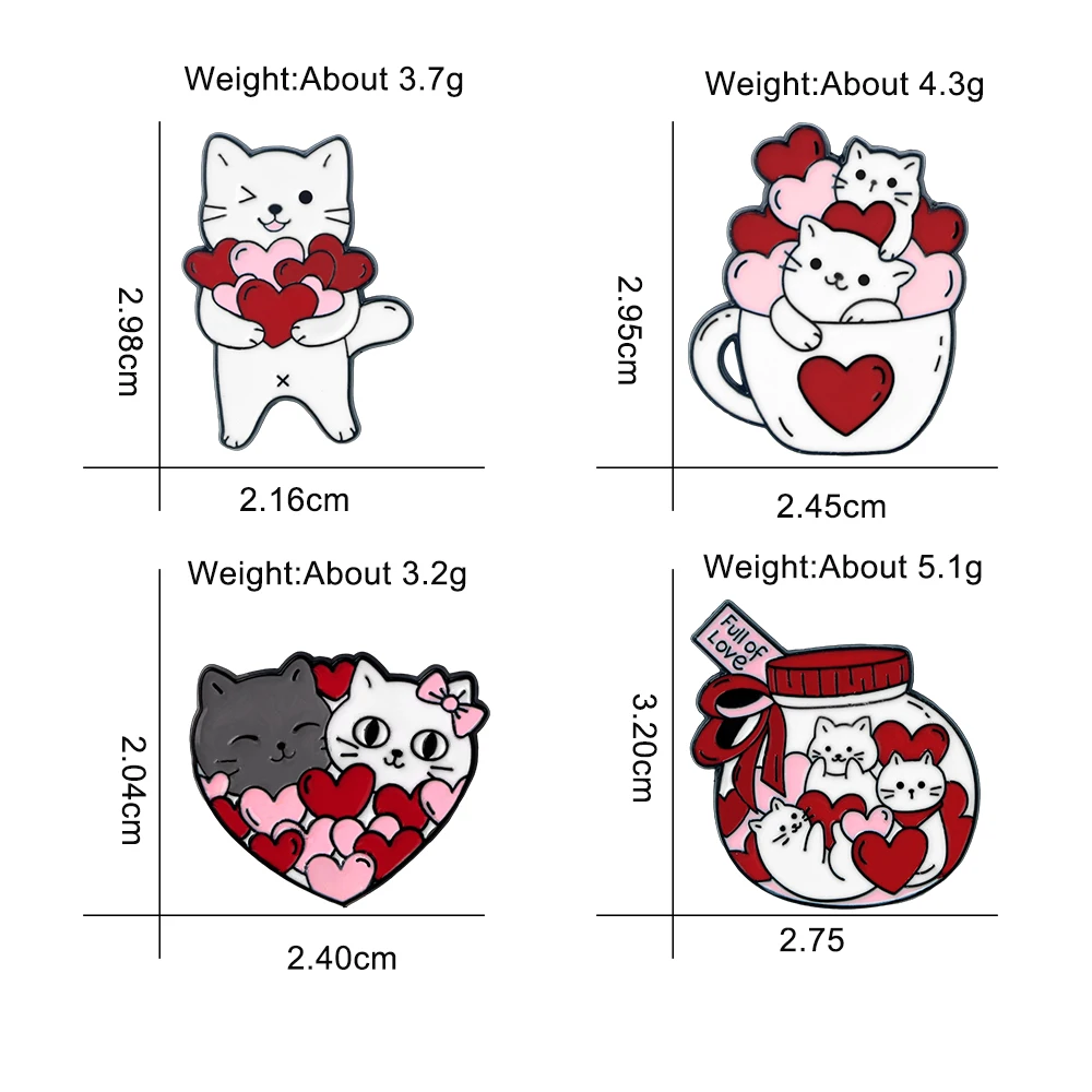 Full Of Love Heart Wink Kitten Metal Pin Cute Cup Jar White Cat Cartoon Brooch Enamel Meow Lapel Badge Pin Denim Clothes Jewelry