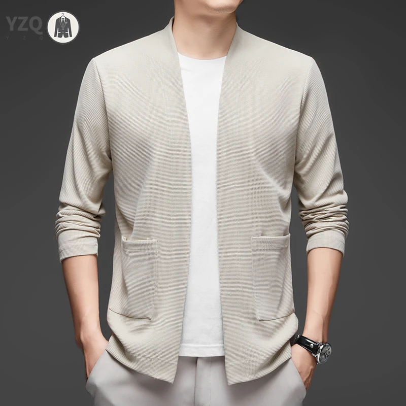 New Men's Business Casual Long Sleeved Solid Color Cloak Jacket Knitted Comfortable and Fashionable All Season Versatile Top