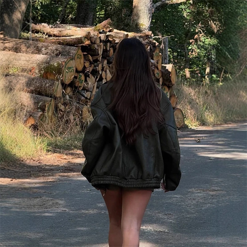 Mode Groene Leren Jas Vrouwen Stand Kraag Lange Mouw Rits Loose Fit Outerwears Nieuwe Herfst Chic Straat Pendelen Dame Tops