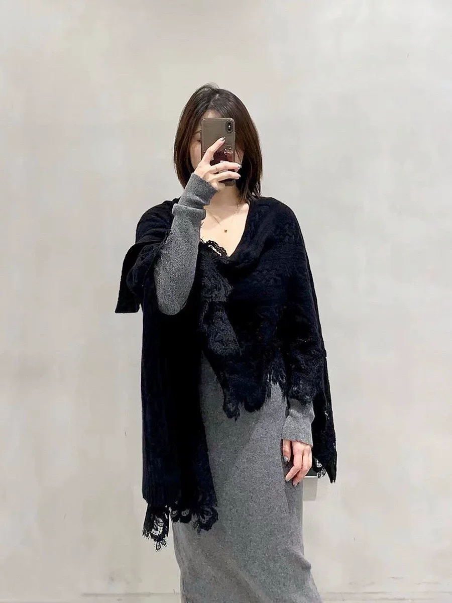 High End Cashmere Lace Cape Shawl Women Cable Knitted Poncho Sweater Cardigan Elegant Evening Wrap Black Grey Outerwear