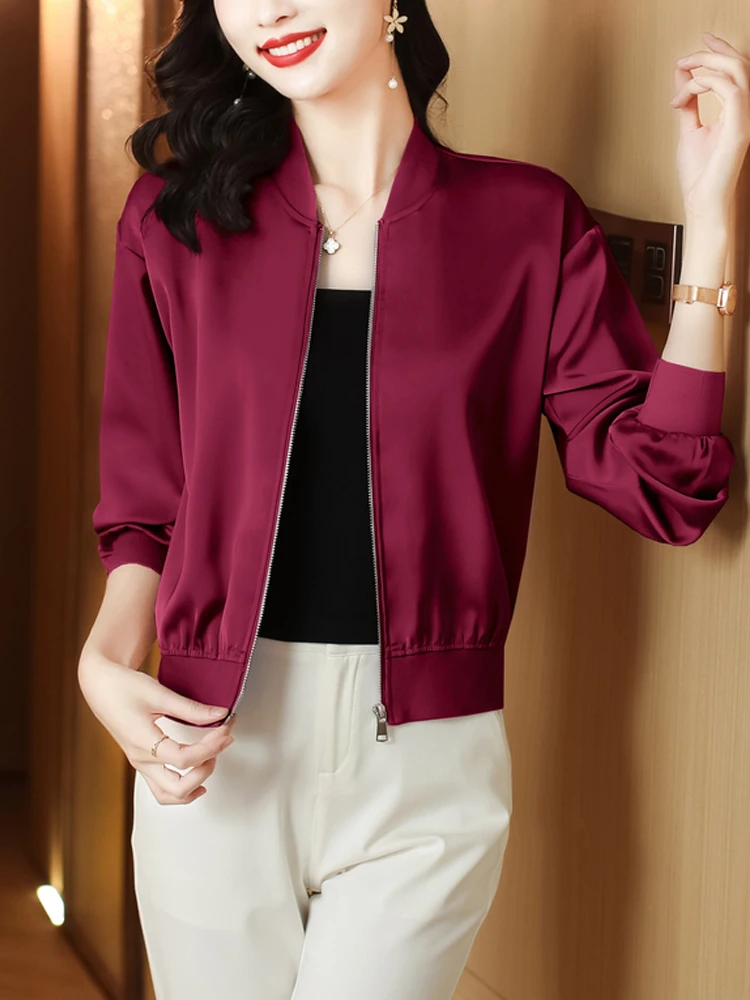 New Fashion Women Satin Jacket 2024 Autumn Clothing Long Sleeve Casual Bomber Coats Woman Elegant Sunscreen Outwear Tops Femme