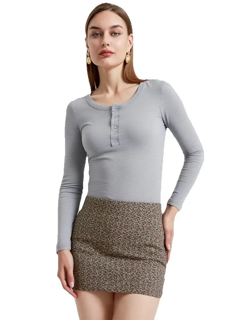 4 Pcs Women Long Sleeve Henley Shirts Set, 95% Polyester 5% Spandex Ribbed Knit Crop Tops, Button Crew Neck Slim‑Fit Basic Casua - view 3