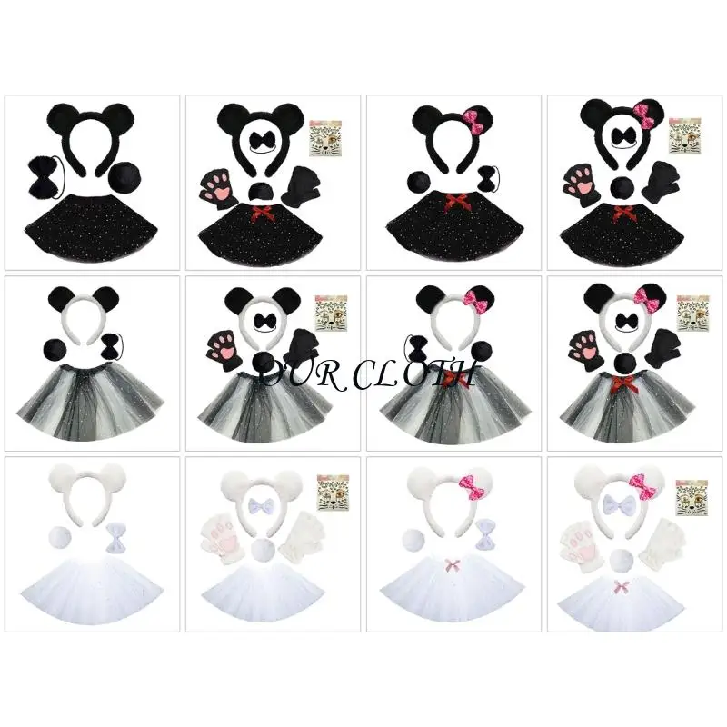 

4/6 Animal Panda Costumes Accessories Panda Ears Headband Tail Bows Face Sticker for Kids Halloween Cosplay Party Props Y1AC