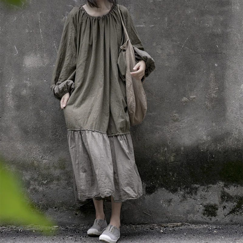 

Ретро лоскутное хлопковое льняное платье-фонарь Све Dr, женский свободный халат большого размера, длинная юбка с хвостом, осеннее платье