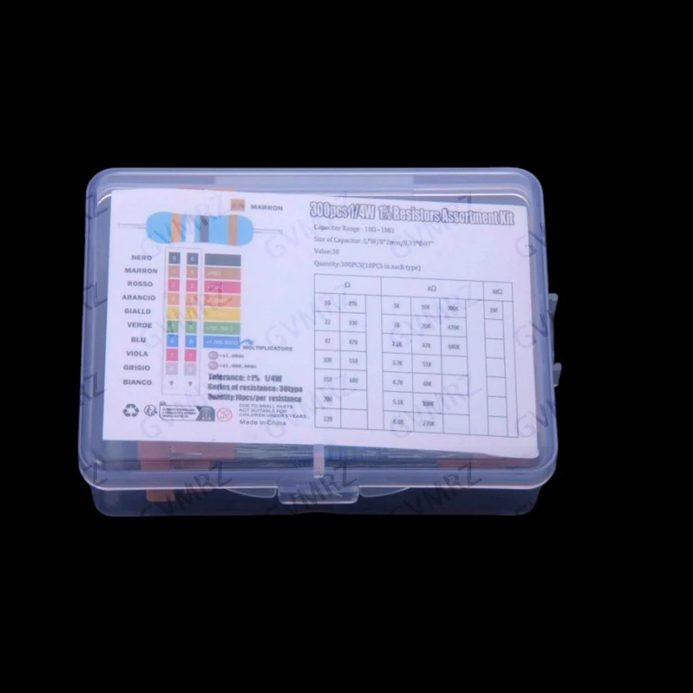 300PCS 10R-10K 1/4W 10R 22R 47R 100R metal film resistor sample pack, 1% accuracy 30 commonly used resistance values 150R 200R