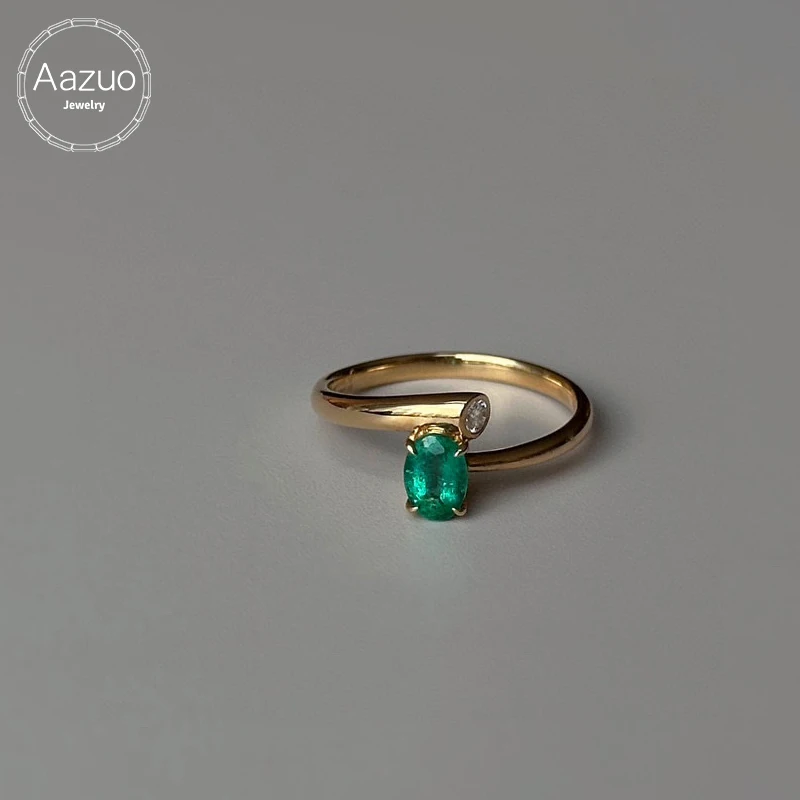 Aazuo Ins Real Solid 18K Yellow Gold Real Diamonds Natural Oval Shape Emerald 0.24ct Rings Gifted for Women  Au750