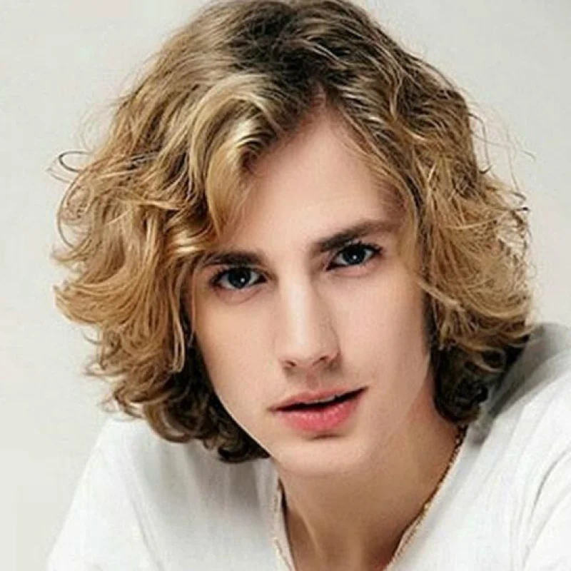

European and American style men's short curly hair wig with gradient color, side-parted small curls, made of high-temperature sy