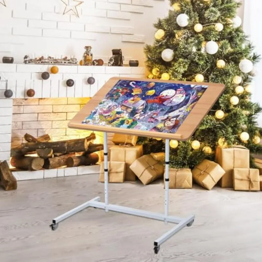 

Rolling Puzzle Table with Wheels, Height Adjustable, Pneumatic Tilt, Oversized for 1500 Pieces, Portable Puzzle Cart, White