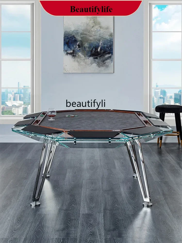 

Light luxury tempered glass chess and card table Club chip table Multiplayer poker table G1218