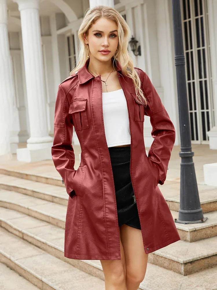 Faux Leather Women Trench Coats Turn Down Collar Full Sleeve Mid Length Coat Lace Up Tight Waist Slim Fit Casual Regular Solid