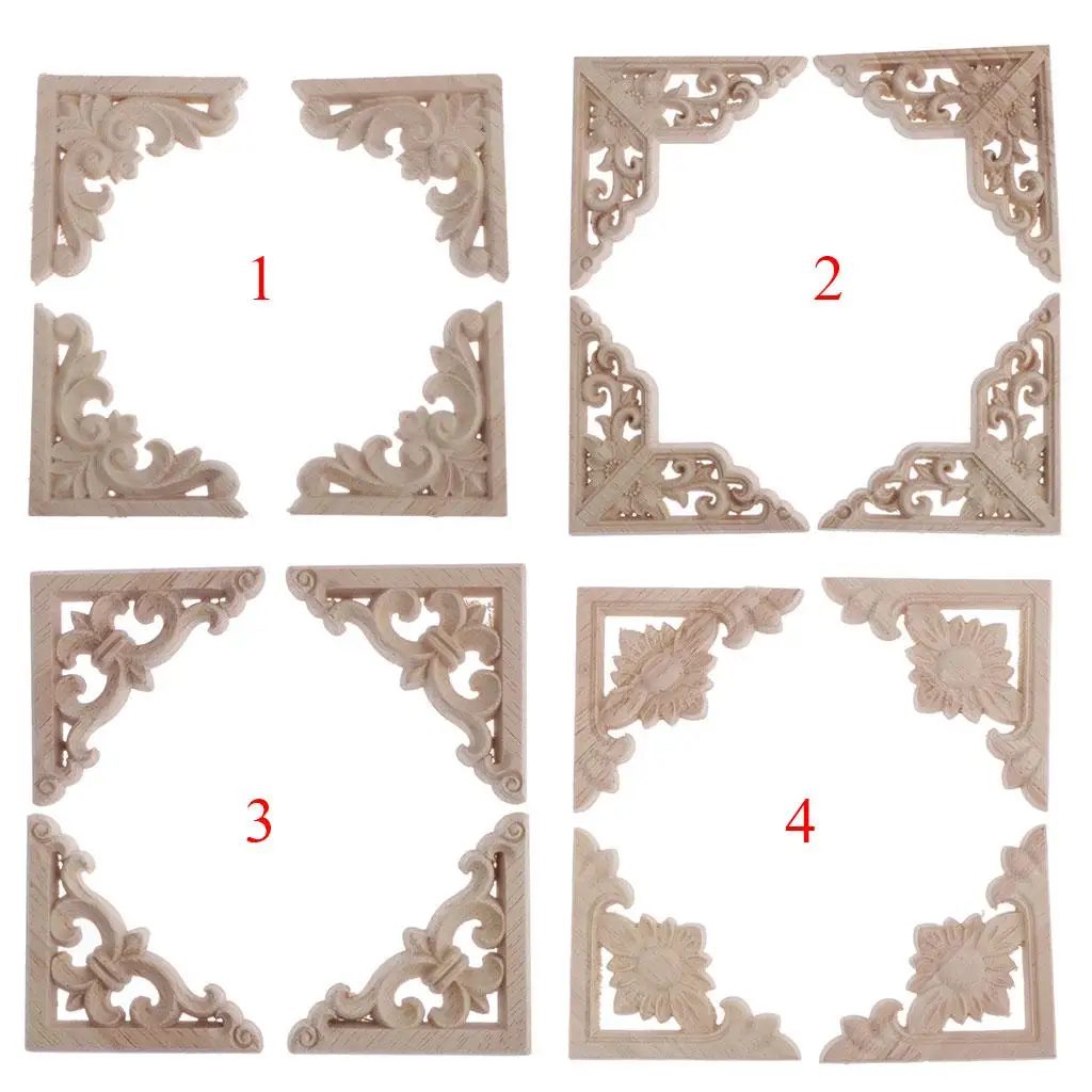 

4 Piece Unpainted Wood Carved Applique Corner Onlay Flowers Decoration