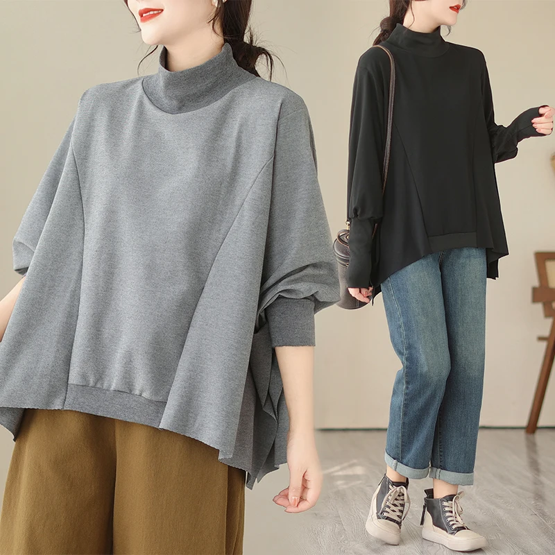 تصميم بسيط Batwing Sve هوديي f عالية الياقة البلوز الخريف جديد Sle المرأة البوليستر طويل Sve مريحة تناسب