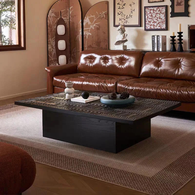 

Coffee table light luxury high sense solid wood carving flower home living room minimalist