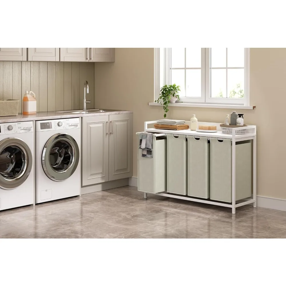 

Laundry Hamper with Shelf, Laundry Basket 4 Section, Laundry Sorter with Pull-Out Removable Large Bags and Movable Wheels