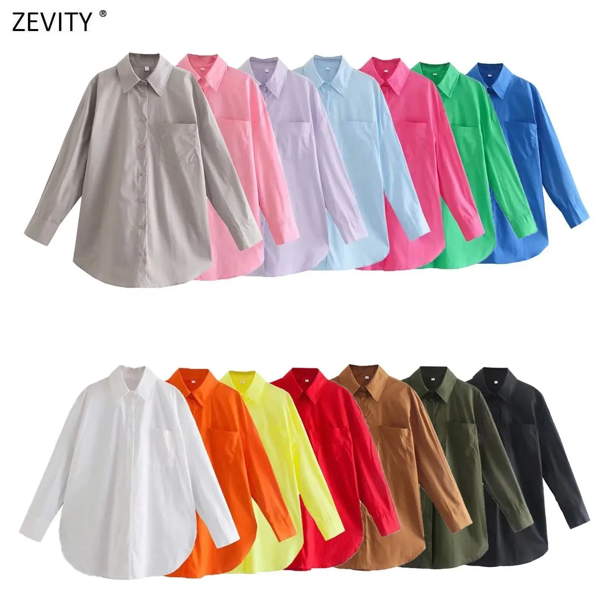 Zevity Vrouwen Fashion Snoep Kleuren Zakken Patch Losse Poplin Blouses Dames Lange Mouwen Zaken Shirts Blusas Chic Tops LS731