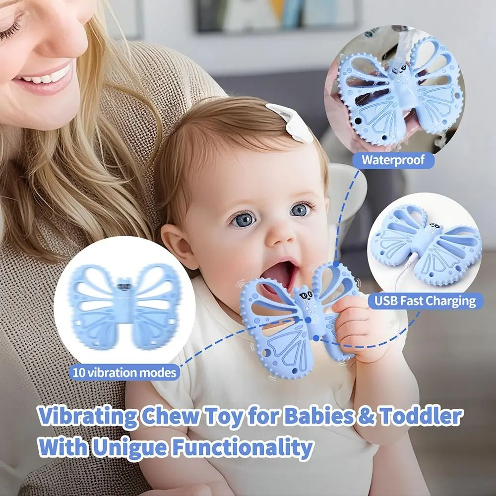 عضاضة تهتز على شكل فراشة من السيليكون بدرجة الطعام، أوضاع اهتزاز 10 سرعات، حسية مضغية ناعمة مع عضاضة للتحكم عن بعد #6