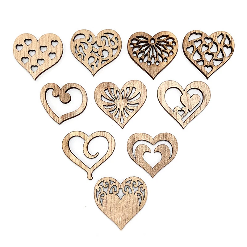 50PCS New Mixed Heart-shape Wood Hangings Love Wooden Crafts Wedding Party Decoration Birthday Valentine's Gifts Home Decor