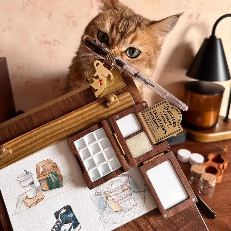 Tri-fold 12color Watercolor Travel Box Creative Pure Handmade Ins-style Wooden Paint Box Outdoor Sketch Painting Ceramic Palette
