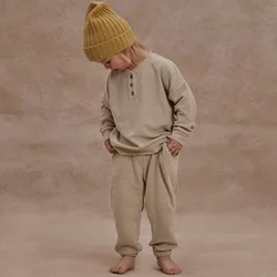 2026 Spring New Children's Terry Cloth Sweater Set Long-Sleeved Tops Long Pants Two-Piece Simple Casual Homewear Suits