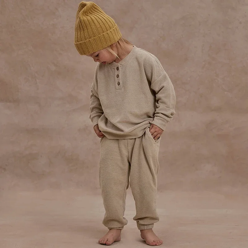 2024 Autumn New Children's Terry Cloth Sweater Set Long-Sleeved Tops Long Pants Two-Piece Simple Casual Homewear Suits