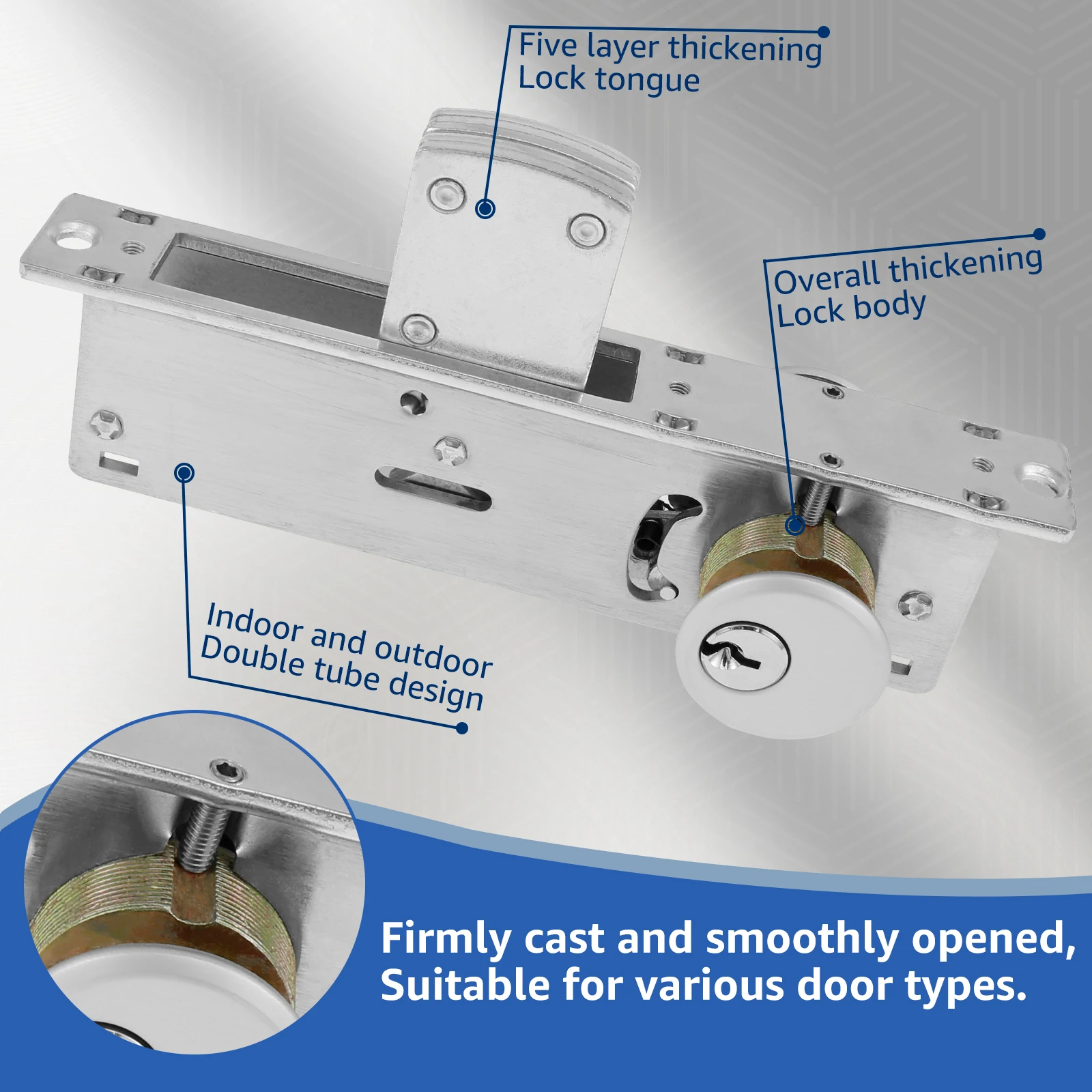 Commercial Mortise Lock Storefront Door Lock with Double Cylinder Solid Brass Hook Deadbolt Sliding Door Plug-in Lock for Shop