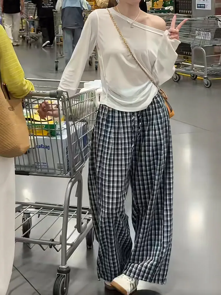 

Retro Plaid Wide Leg Straight Cut Pants Women's Summer New Loose Casual Versatile Lazy Style Loose Trousers Natural Waist