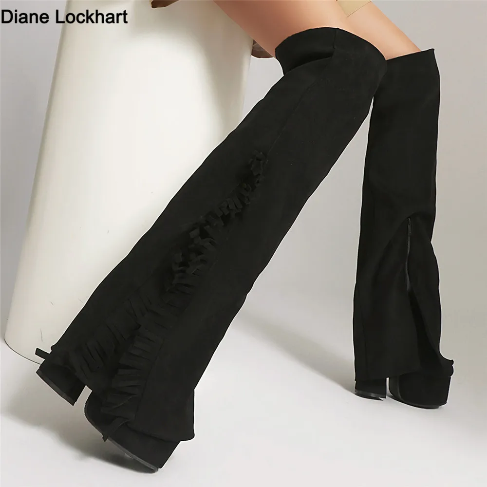 

Winter Super High Heels Fringes Platform Boots Sexy Black Over The Knee Boots Women Trouser Leg Boots Shoes Plus Size 35-45