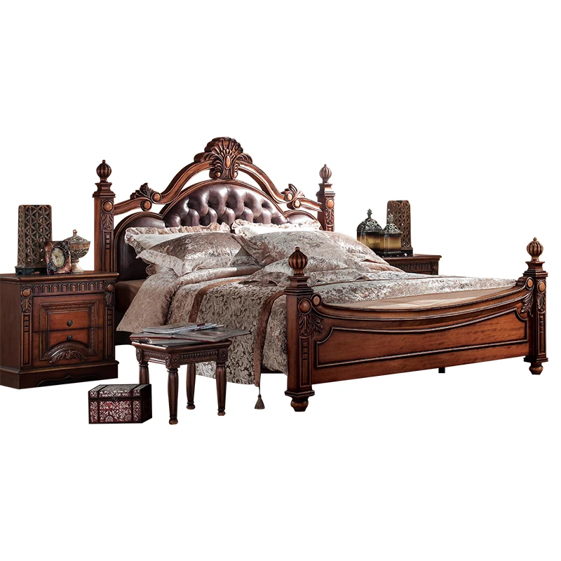 European retro solid wood leather double bed 1.8 meters master bedroom American rural wedding bed simple master bedroom big bed