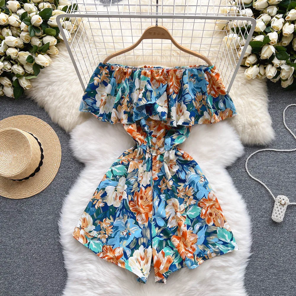 Elegant Floral Short Jumpsuit Woman 2022 Summer One-Piece Outfits Fashion Ruffled One-Shoulder Playsuit