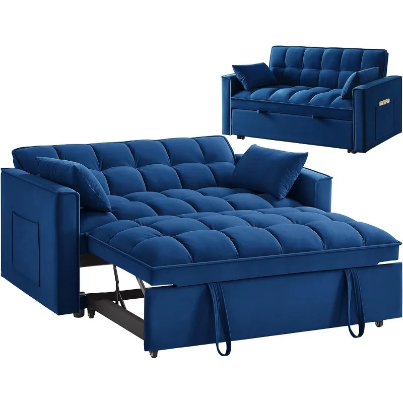 3 in 1 Sleeper Sofa Couch Bed, Velvet Convertible Sofa Bed with Armrests, Storage Pockets & 2 Pillows, Modern Sofa Bed Couch