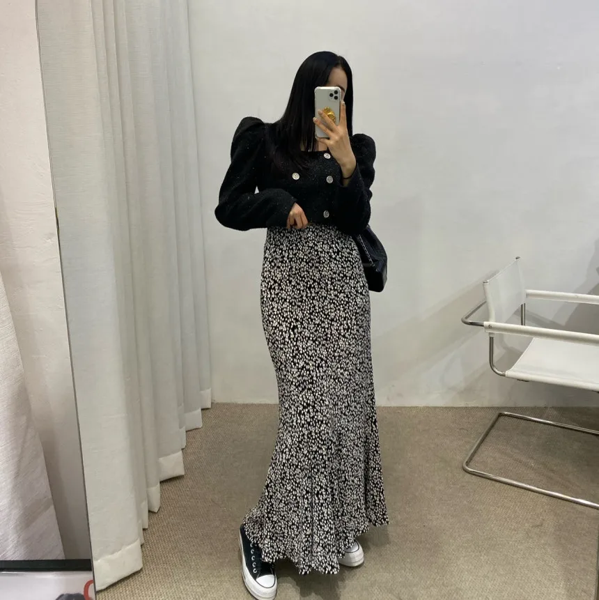 Blumendruck Chiffon f-Länge Rock Damen Faionable Vintage Elastic Waist Vielseitiger drapierter Wraparound-Fi-Schwanzrock