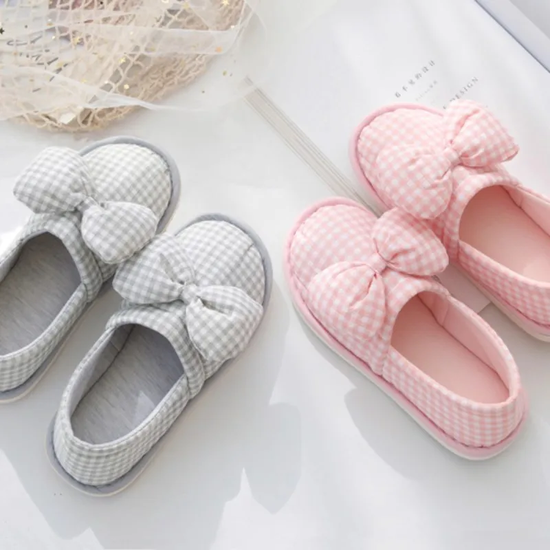 ربيع الخريف القوس نعال من القطن المنزل للنساء داخلي غرفة نوم منزل المضادة للانزلاق أحذية نسائية الوردي/الرمادي