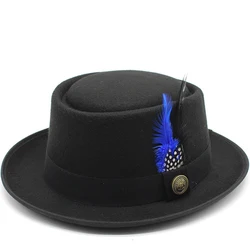 Vintage Pork Pie Hat Men Wide Brim Wool Felt Fedora Black Hat Mans Church Jazz Ribbon Trilby Panama Gangsters Caps Gentlemen