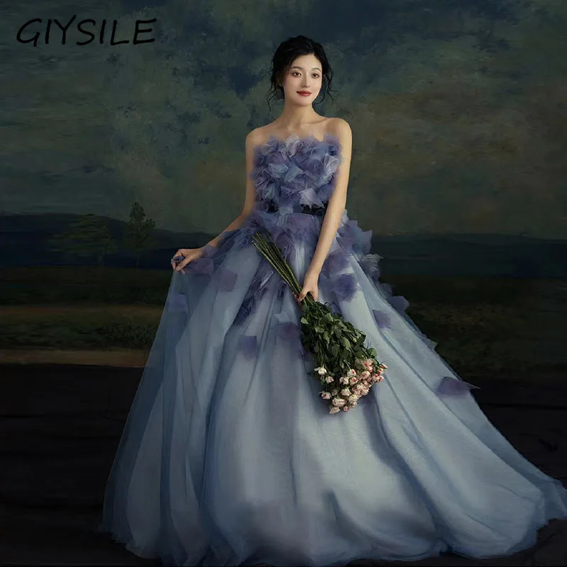 

Temperament Colorful Yarn New Long Princess Dress Main Yarn Women's Korean Temperament Advanced Retro Blue Dress Wedding Dress