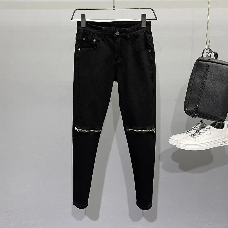 

New Arrival Fashion Luxury Designer Men's Korea Tight Skinny Jeans with Knee Zipper Designer Black Cowboy Streetwear Punk Pants